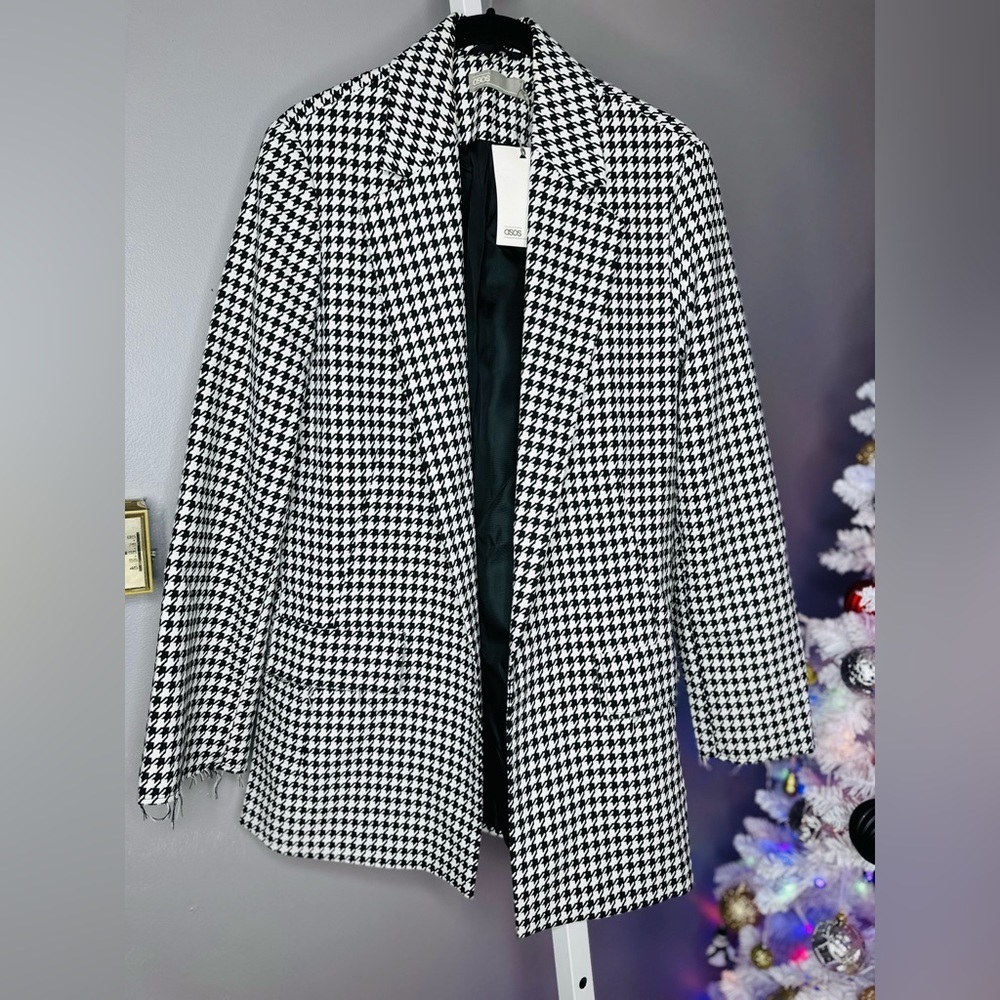 Asos NWT Black & White Houndstooth Blazer w/ Raw Cuff Women's Size 4